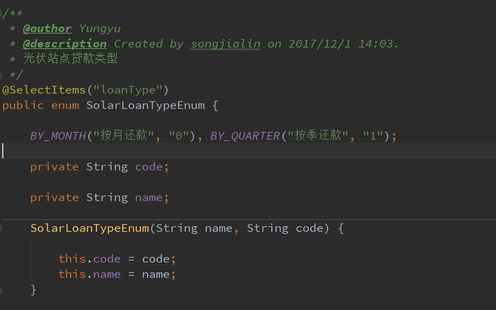 被标记注解标记的枚举。定义了name和code字段